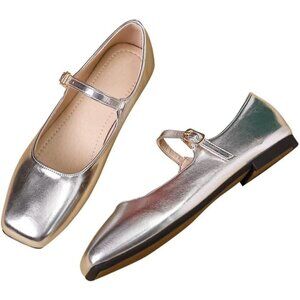 Stunner Flat Shoes Women Silver Square Toe Ballet Comfortable Ankle Strap Flats